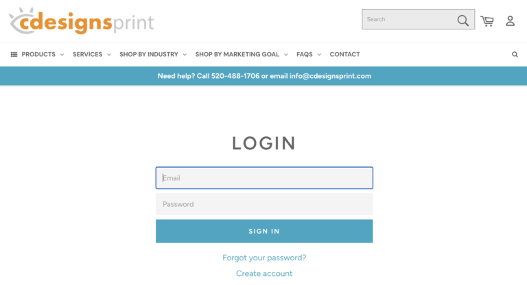 An image of a login screen depicts the ability of CdesignsPrint.com to create custom portals for businesses to order materials.
