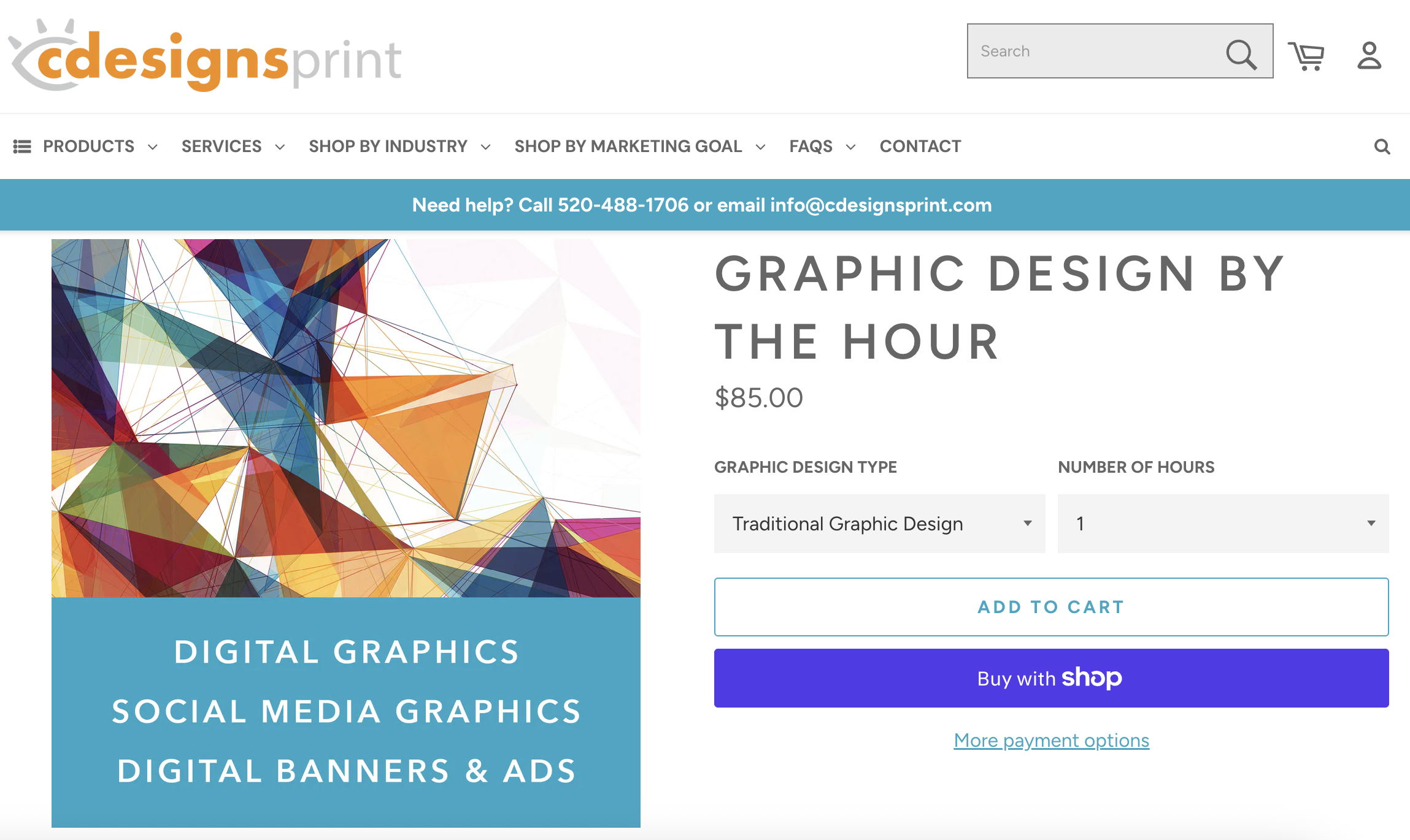 A screen shot of the graphic design by the hour product page on CdesignsPrint.com