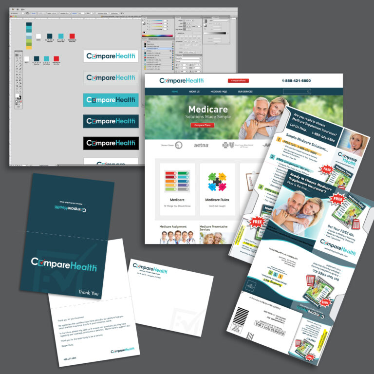 A selection of coordinated brand materials depicts brand identity design services.