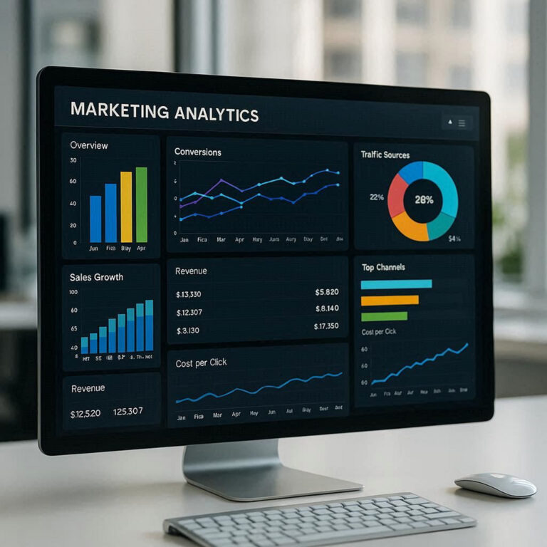 A computer monitor displays marketing analytics associated with an SEO package.